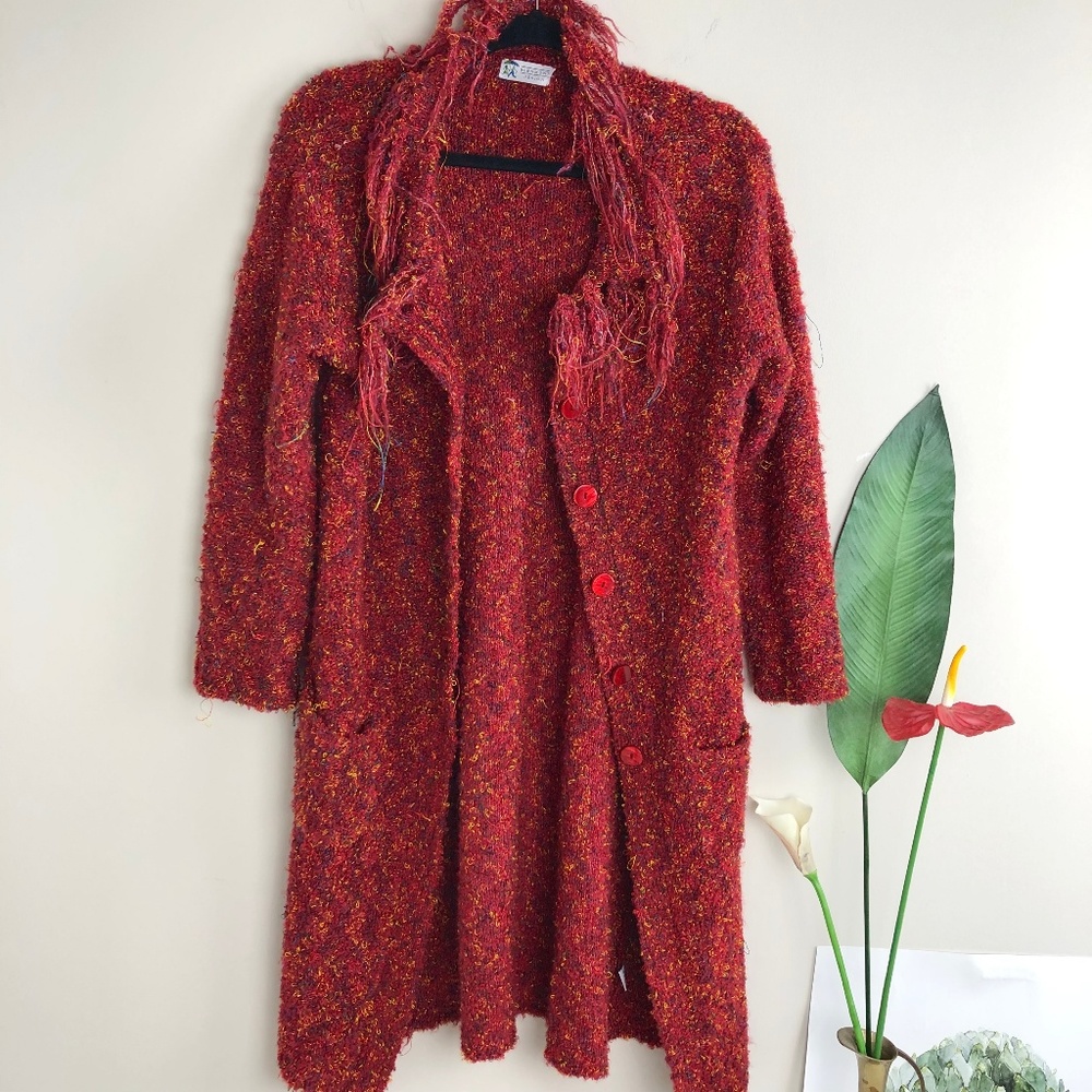 Vintage Long Red Fringe Boho Fall Cardigan